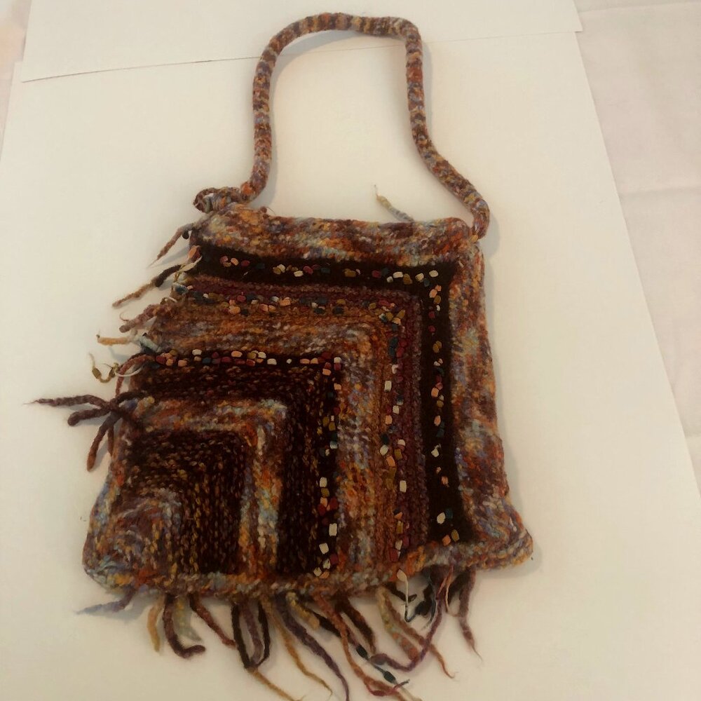 Vintage Handmade Beaded Felted Wool Chevron Bag w/ Fringe & Golden Lining - Picture 4 of 9